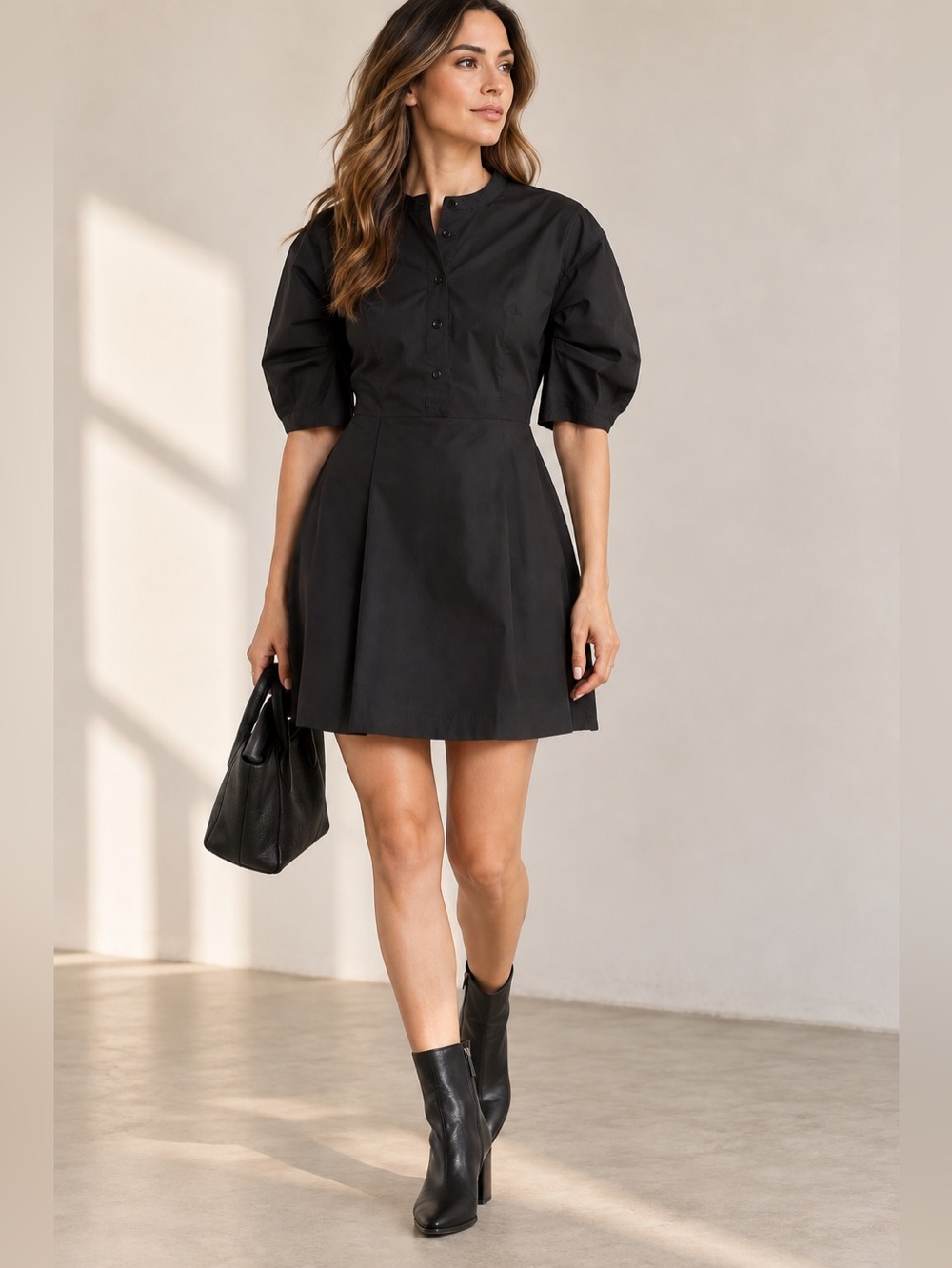 FRAME Black Pleated Cotton Poplin Puff Sleeve Mini Dress‎ New XS